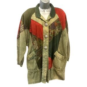 Asian Inspired Oversized Vintage Washed Denim Colorful Patchwork Chore Jacket-L